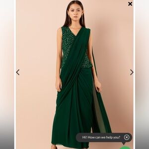 Green Embroidered Peplum Pre-Stitched Saree with Attached Blouse